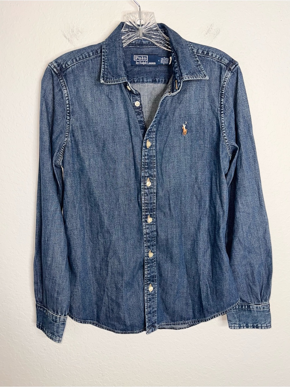 Polo Ralph Lauren Chambray Button Down Shirt Women 4 Blue Denim Pony HH